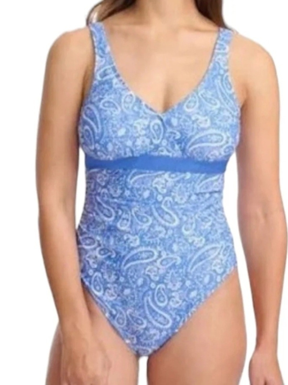 Lolë Women's One Piece Swimsuit Size 12 Blue Paisley V-Neck Ruched Tummy Control